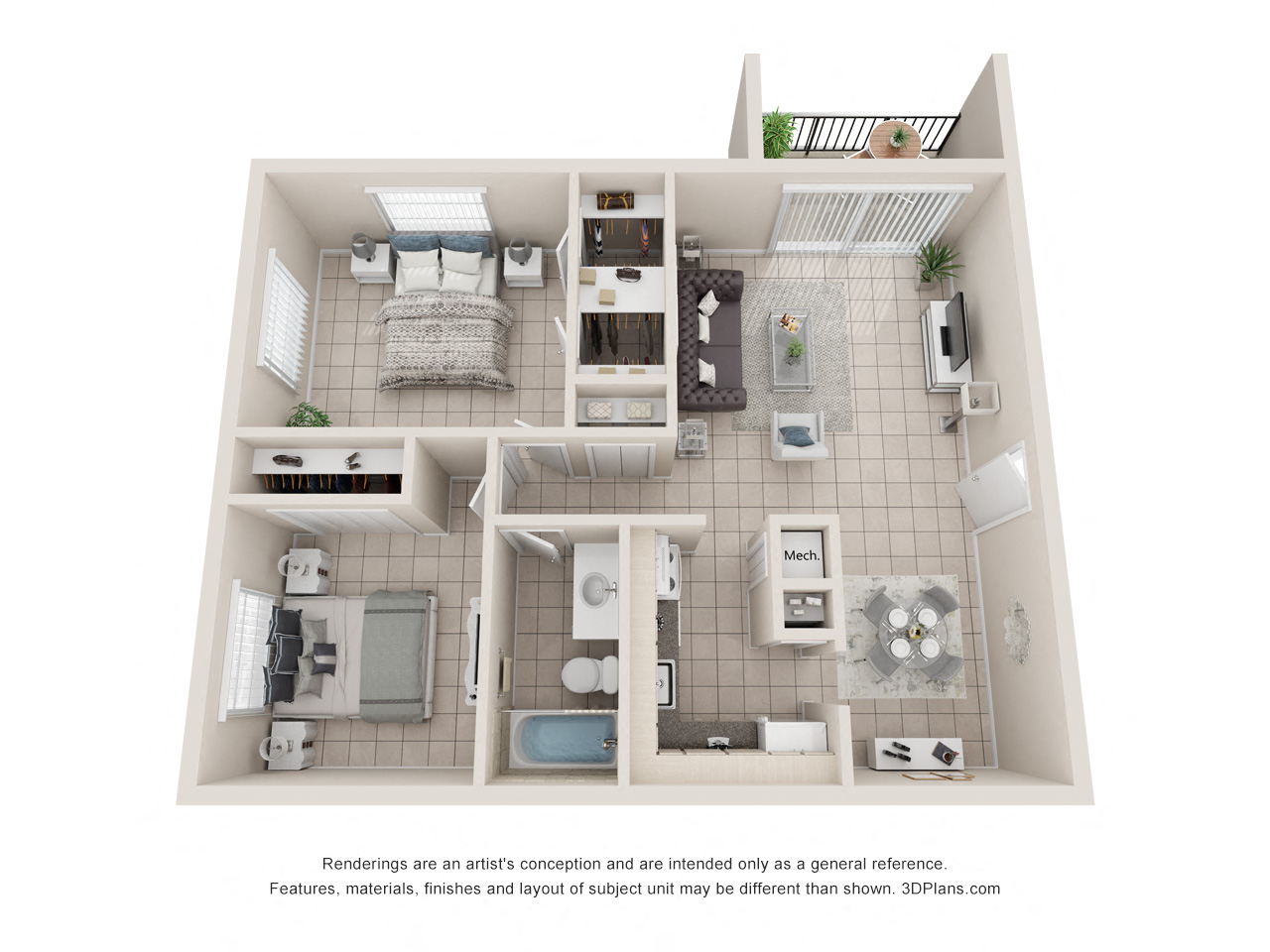 Floor plan for 2 beds, 1 bath, 860 sqft